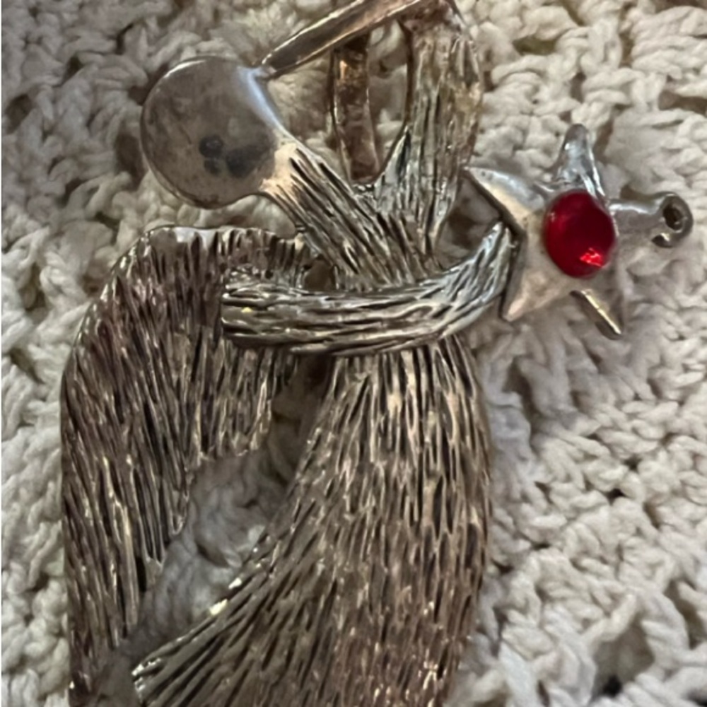 Silver Angel Brooch, Red Gem Fashion Jewelry